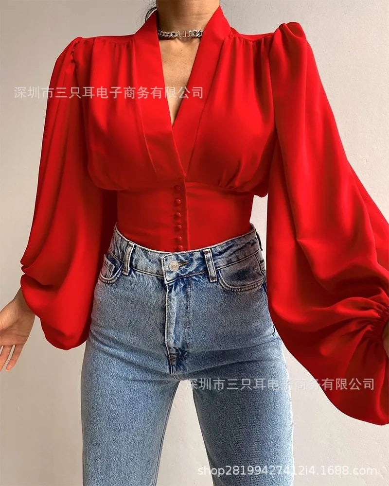 Elegant And Youth Woman Blouses Spring V-neck Lantern Sleeve Slim Fit Women's Shirts Button Long Sleeve Shirts And Blouses 2024