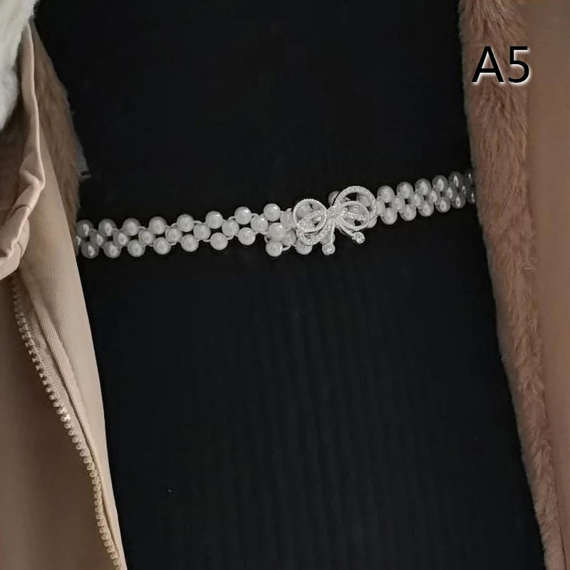 Large Pearl Waist Chain Women's Elastic Belt with Diamond Decoration All-match Skirt Fashion Casual Luxury Design Girdle Gothic