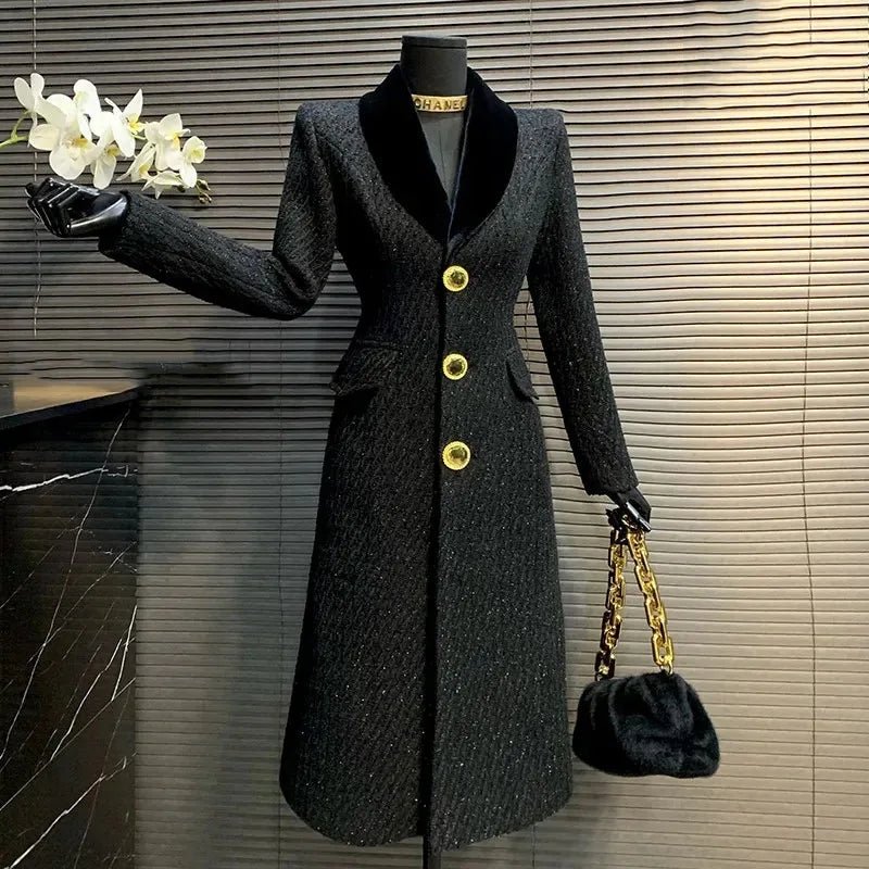 High Quality Women Woolen Coat Korean Style 2025 New Mid-Length Autumn And Winter Black Temperament Slim Women Woolen Coat H497