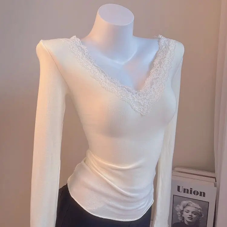 Women's Blouses Sexy Lace Deep V Neck Long Bell Sleeves Top Slim Fit Low Cut Sheer Mesh Shirt For Spring Fall Women's Clothing