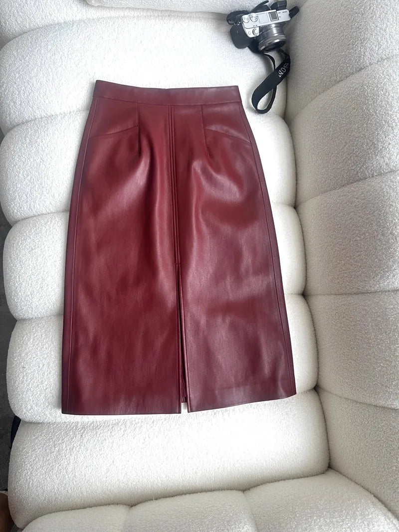 Real Leather Bodycon Skirts Women Spring High Waist Slim Midi-length Ladies Sexy Front Split Black Brown Split Sheepskin Skirts