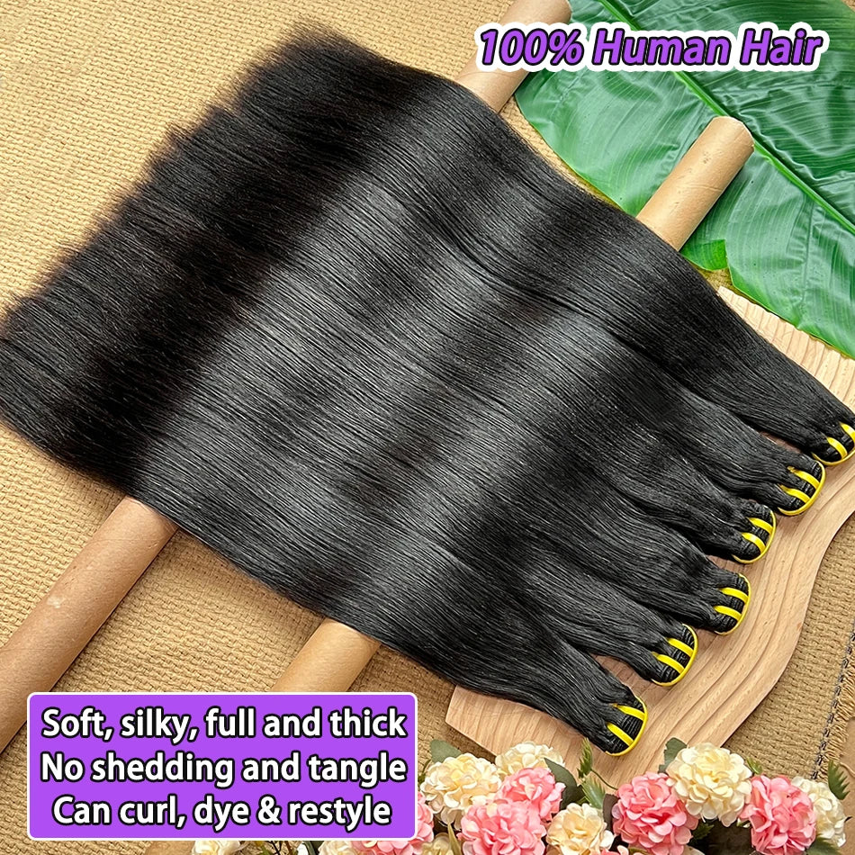 Double Drawn Yaki Straight Human Hair Bundles #1B Natural Black Color Vietnamese 100% Raw Virgin Hair Weave Extensions 1 2 3 4pc