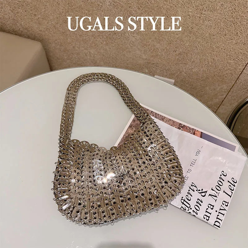Bling Shiny Metal Sequined Dumpling Bag Woven Handmade Women Handbag Fashion Evening Bag Wedding Party Clutch Purse Shoulder Bag