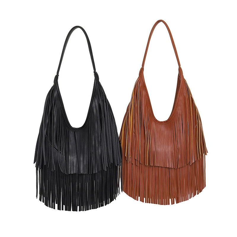 Tassel Large Capacity Brand Tote Bag Black Leather High Quality Luxury Fashion Women Shoulder Bag Soft Casual Hobos Armpit Bag
