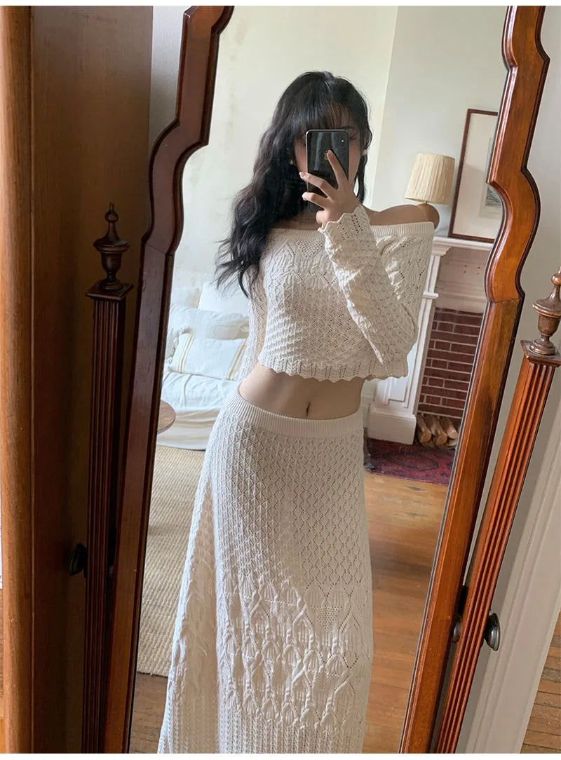 Women's Knitted Sweater Skirt Two-Piece Suit New Sexy Hollow Off-Neck Long Sleeve Sweater Skirt Suit