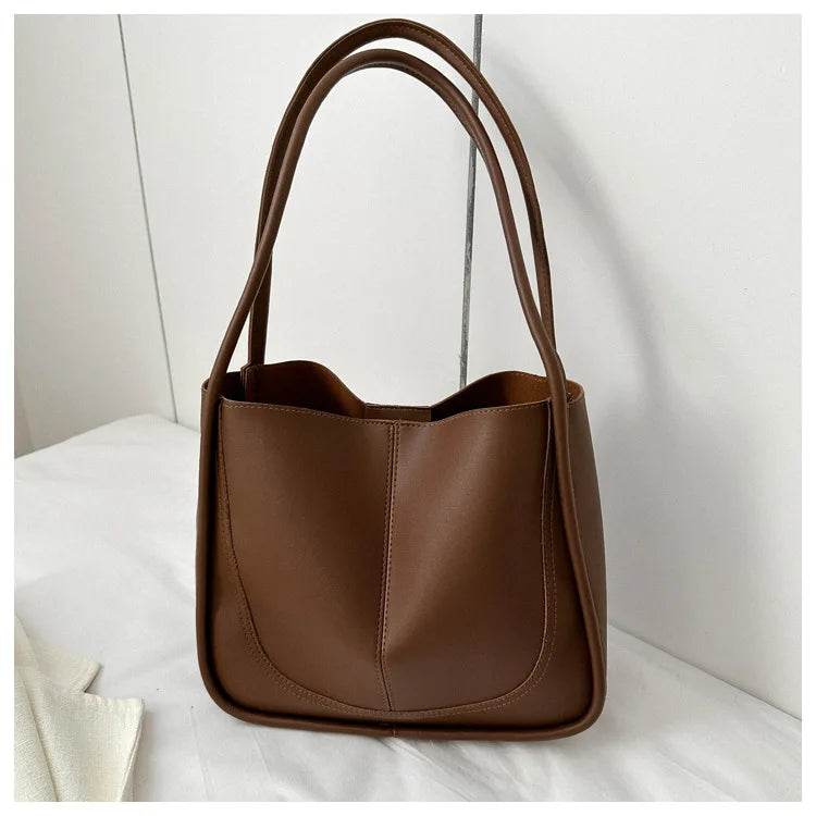Women's Retro Tote - High-Quality Solid Color, Minimalist Large-Capacity Commuter Handheld/Single-Shoulder