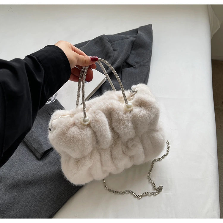 Soft Plush Evening Bags For Elegant Women Fur Dinner Party Clutch Chain Crossbody Winter Warm Luxury Designer Handbags