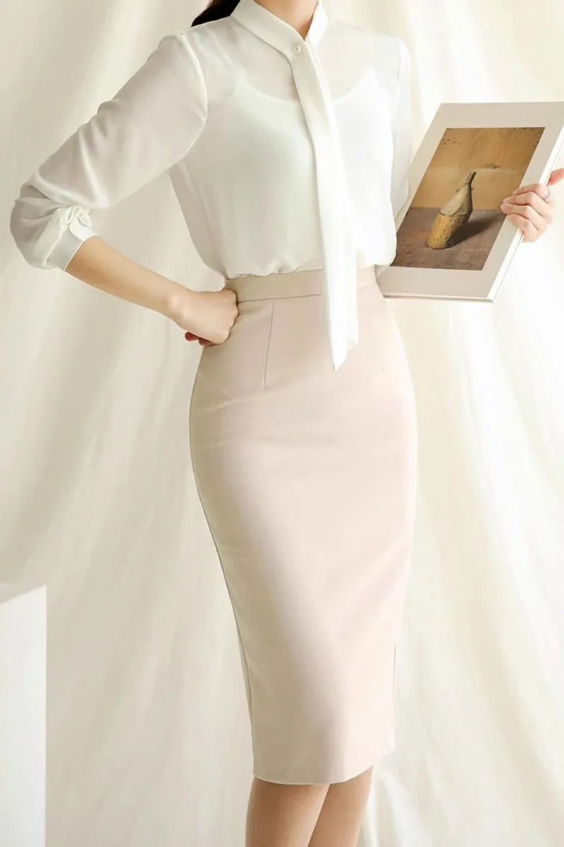 Elegant High Waisted Office Lady Pencil Skirt Korean Fashion Slim Fit Package Hip Midi Skirts Women Solid Color All-match Skirts