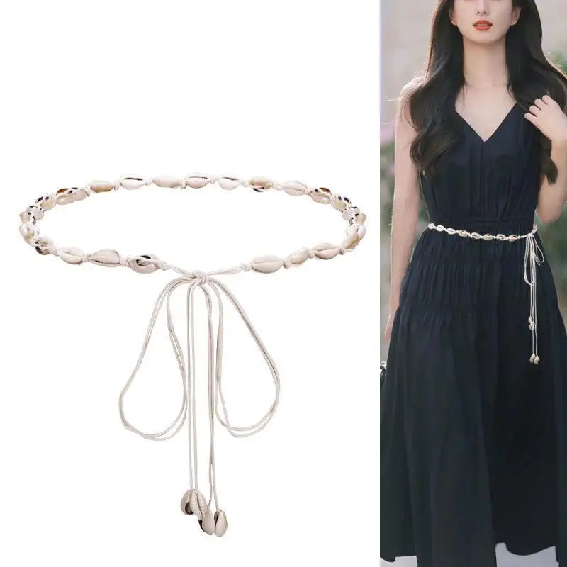 Belts For Women Knot Waistband Summer Boho Shell Bead Dress Jeans Belt Female Beach Accessory Beige Wax Cord