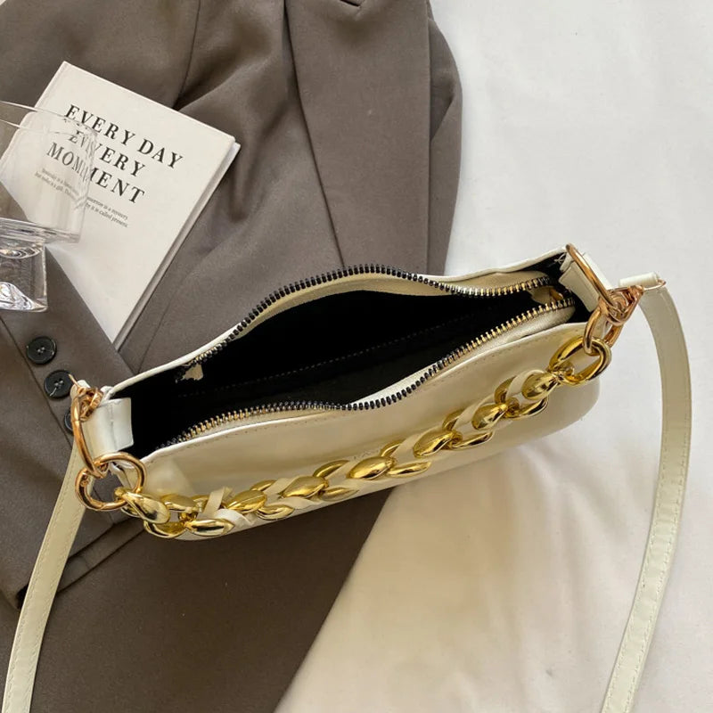 Fashion Chain Handbags Women's Crossbody Bags, Solid PU Leather Shoulder Bag For Daily Used