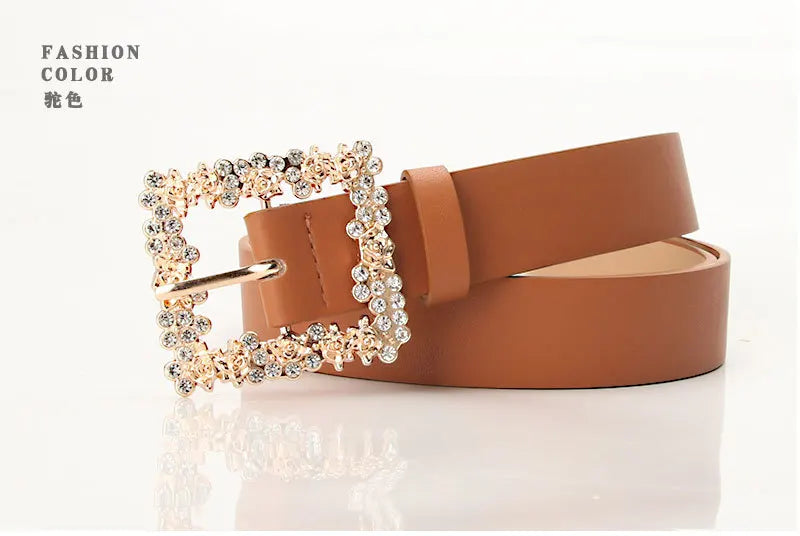 Fashionable Belts for Woman Shiny Rhinestone Beautiful Square Wreath Metal Buckle Solid Color PU Belts