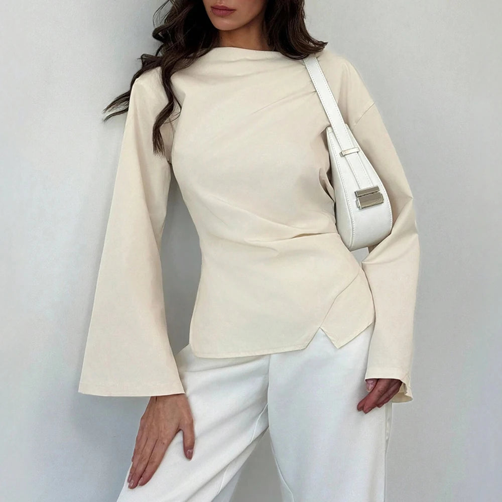 Women's Blouses Summer Fashion Slim Elegant 2025 Plain Minimalism Long Sleeve Round-Neck Office Lady Blouses