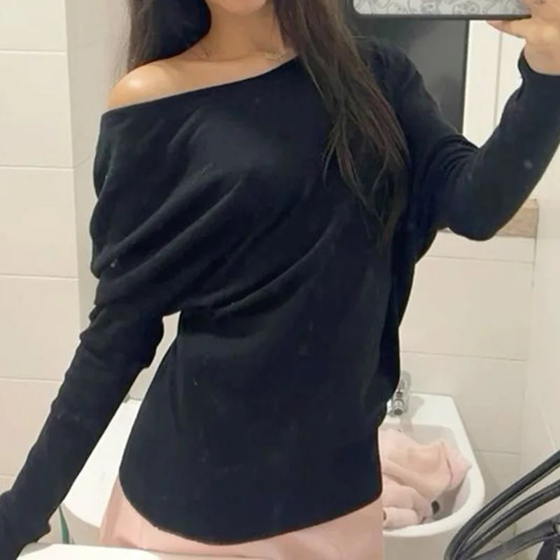 Women Loose Fit T-shirt Long Sleeve Skew Neck Solid Ladies Fall Pullovers Tops Fashion Streetwear for Casual Daily Female Tees