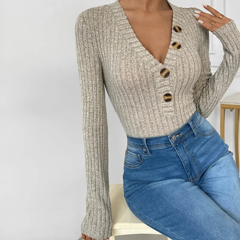 Bodysuit Women Full Sleeve Ribbed Romper Bodysuits Ladies V Neck Slim Tops Buttons Jumpsuit 2024 Autumn Female Sexy Playsuit