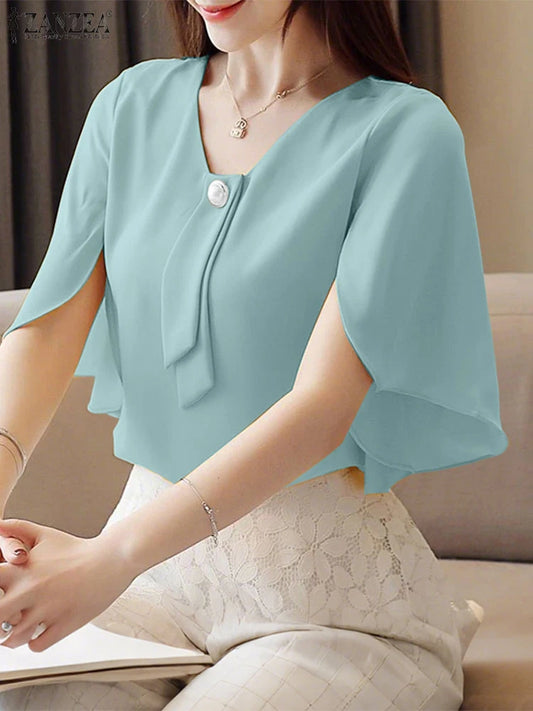 Elegant Office Women Blouses 2025 ZANZEA Stylish Short Ruffled Sleeve Solid Tunic Shirt Female Work OL Tops Casual V Neck Blusas