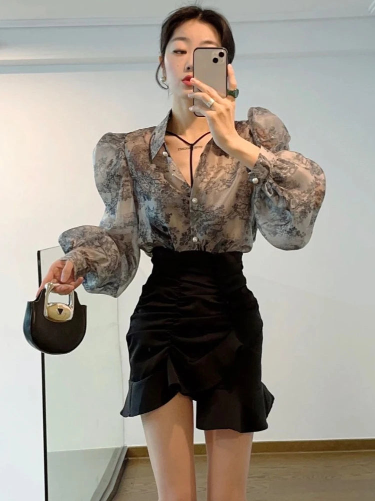 2023 Blusas Mujer De Moda Floral Sweet Blouses for Women Loose Puff Sleeve Turn Down Collar Shirts Summer Vintage Elegant Tops