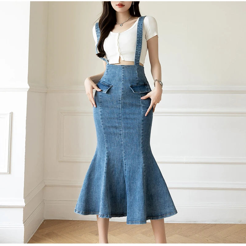 Elegant Casual Denim Jean Skirt for Women's High Waist Bodycon Ruffles Fishtail Skirts Fashion Trumpet Midi Length Skirts Female