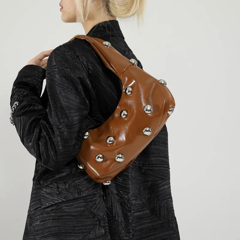 Black Half Moon Underarm Bag For Women Luxury Studded Beading Handbags Red Purse Solid Color Pu Leather Shoulder Crossbody Bags