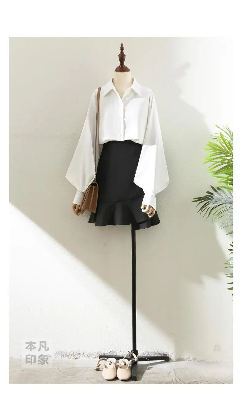 Blouses Tops Women White Black Long Lantern Sleeve Office Lady Temperament Autumn Winter Basic All-match Design Chic Female New