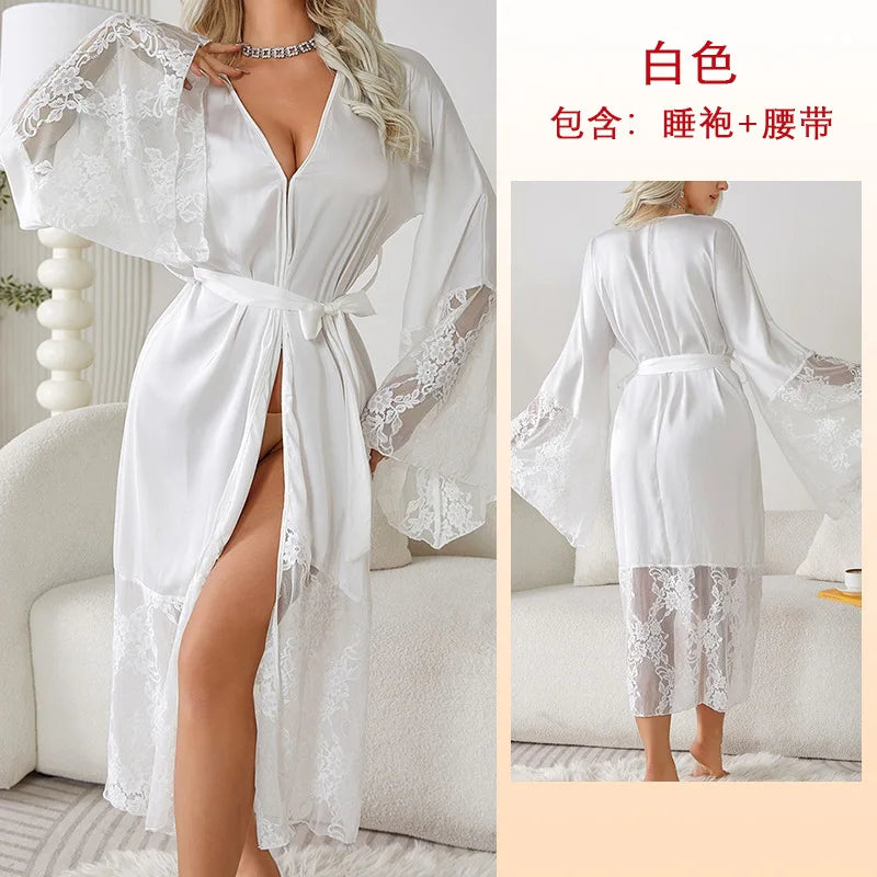 Women Robe Long Elegant Kimono Bathrobe Bride Wedding Gift Dress Lace Patchwork Nightgown Lady Loose Homewear Intimate Lingerie
