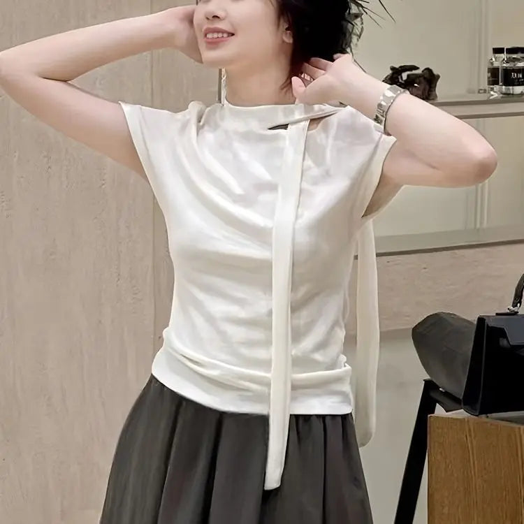 Off-shoulder White Short-sleeved T-shirt for Women 2025 New Summer Versatile Casual Top