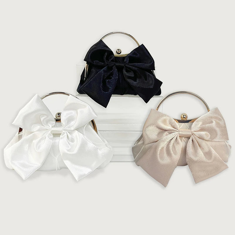 Elegant Sweet Satin Bow Handbag Ladies Evening Clutch Bag Fashion Chain Shoulder Bag For Women Wedding Party Bridal Clutches Bag
