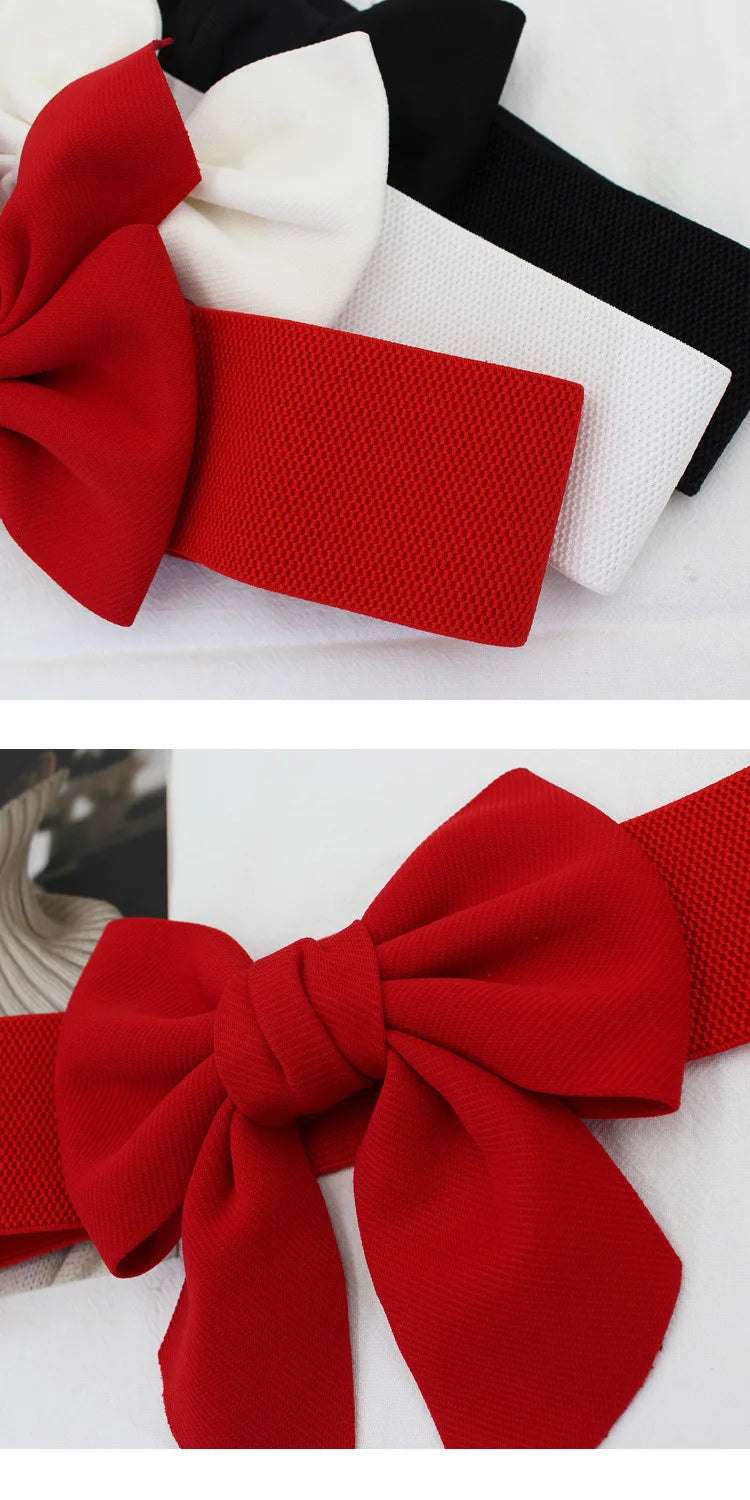 New Fashion Elegant Large Bow Elastic Belts for Women Wide Side Belt Dress Female Jeans Waistband Trouser Accessory