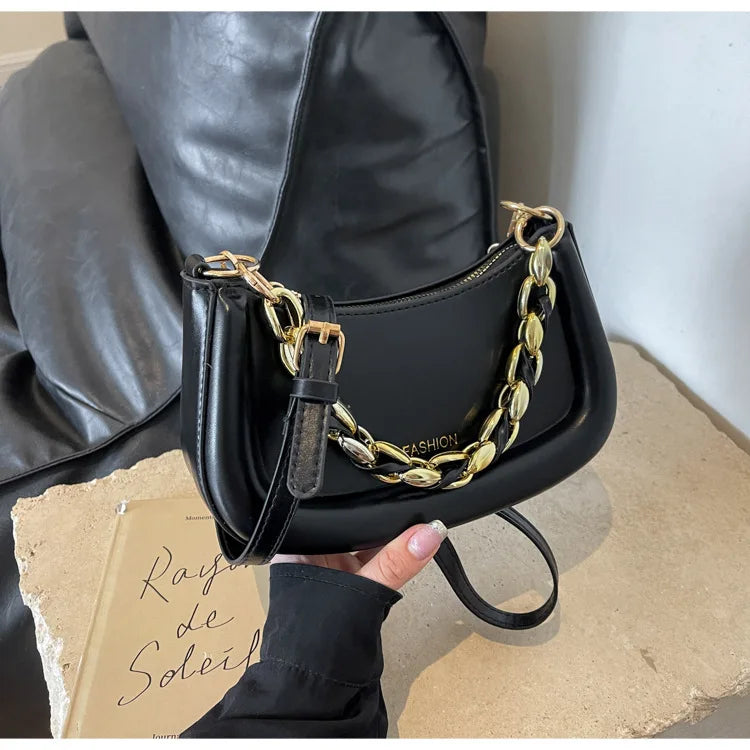 Fashion Chain Handbags Women's Crossbody Bags, Solid PU Leather Shoulder Bag For Daily Used