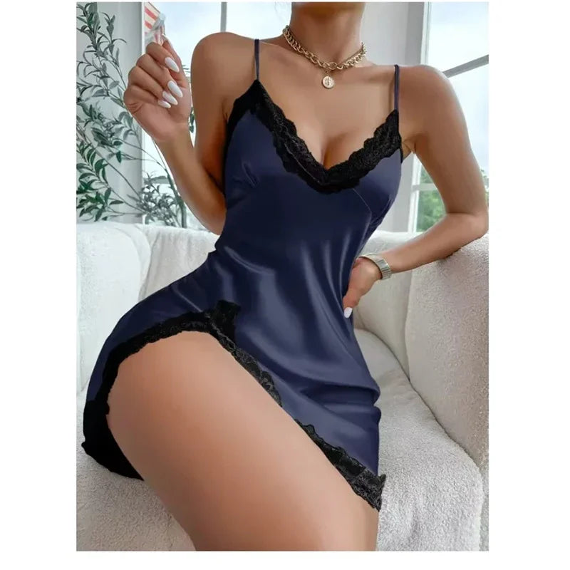 Contrast Lace Satin Nightdress Deep V Backless Lace Up Split Slip Sleep Dress Women's Sleepwear