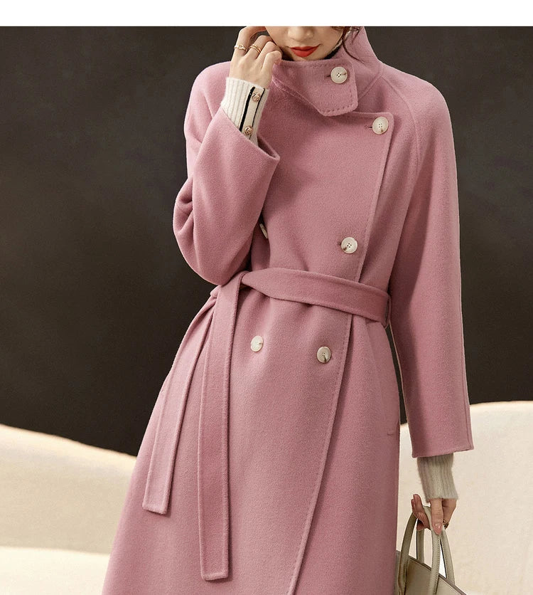 SENTUBILA Women's Long Woolen Overcoats 2025 Winter Outerwear Elegant Turtleneck Warm Double Breasted Belt Wrap Coat W24O42064