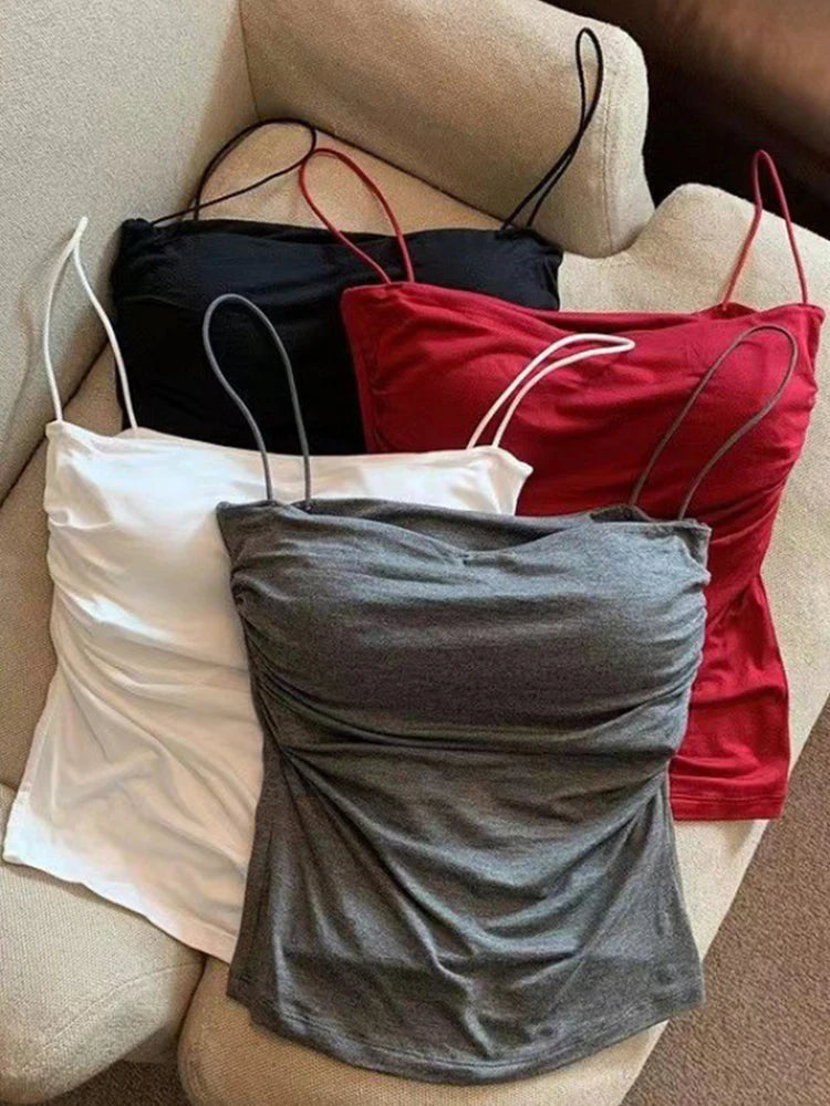 Sleeveless Tees Tank Tops For Women Camisole Vest Cropped Top Slim Fit Solid Color Spaghetti Strap Built In Bra Women Clothes