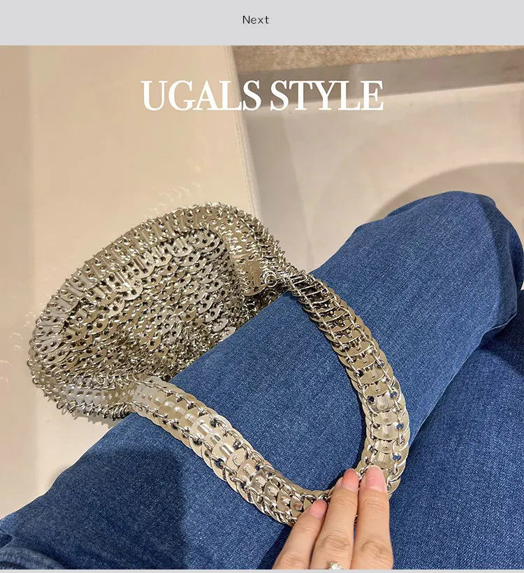 Bling Shiny Metal Sequined Dumpling Bag Woven Handmade Women Handbag Fashion Evening Bag Wedding Party Clutch Purse Shoulder Bag