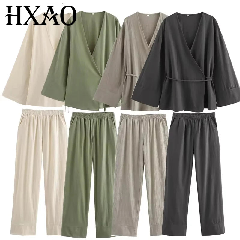 HXAO Woman Pants Set Two Pieces Tied Kimono Long Tops Pajama Baggy Pants Suits Summer Long Sleeve Women's Top And Bottom Set