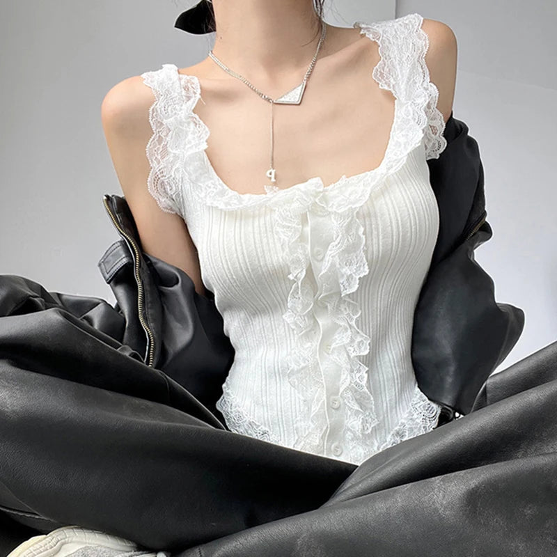 Sexy All-match Simple Lace Stitching Chic Tank Tops For Women Girls Fashion Sweet Casual Slim Fit Short Sleeveless Tank Tops