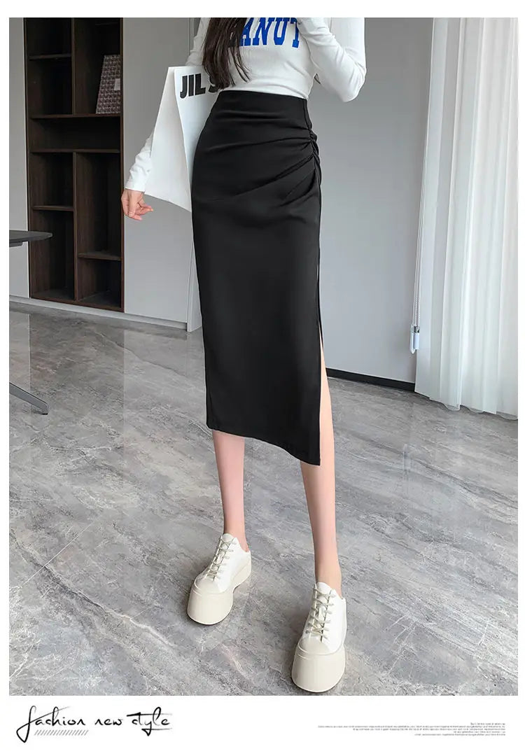 Slit Pleated Skirt for Women 2025 Summer New High-waist Slim Mid-length Versatile A-line Skirt