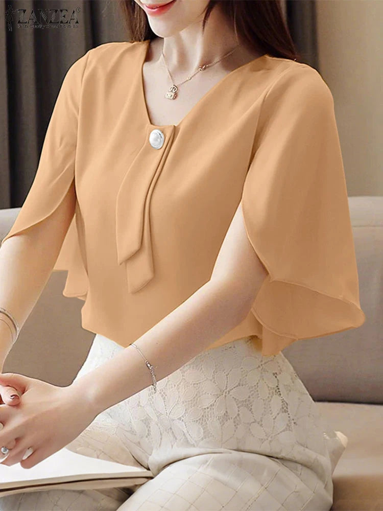 Elegant Office Women Blouses 2025 ZANZEA Stylish Short Ruffled Sleeve Solid Tunic Shirt Female Work OL Tops Casual V Neck Blusas
