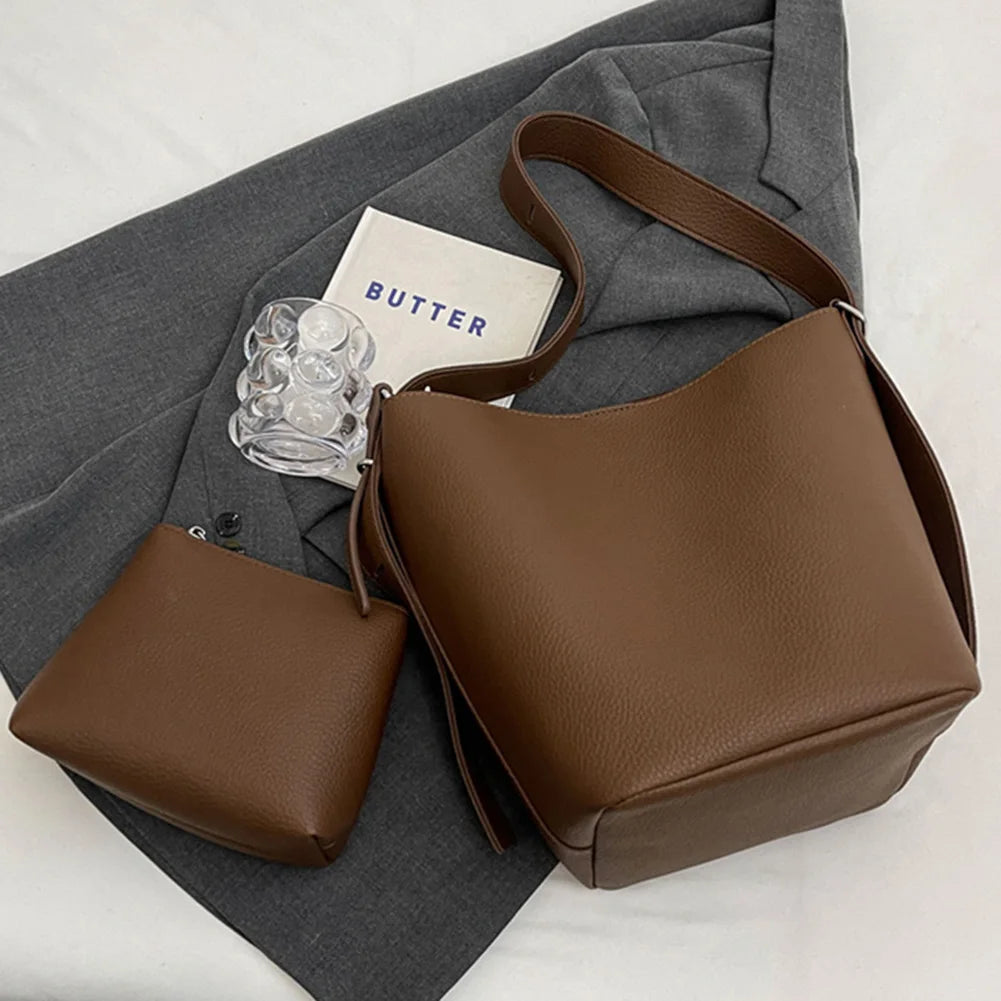 2Pcs/Set Classic Bucket Bag PU Leather Women's Handbag Designer Bag Luxury Grocery Bag Female Shoulder MessengerBag Purse Bolsas