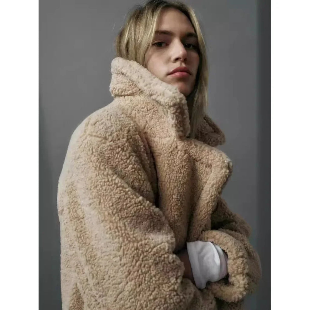 Over-Knee Fleece-Lined Casual Lapel Coat Double-Button Decoration Loose Women's Outerwear Versatile Beige New Year's Quality Sty
