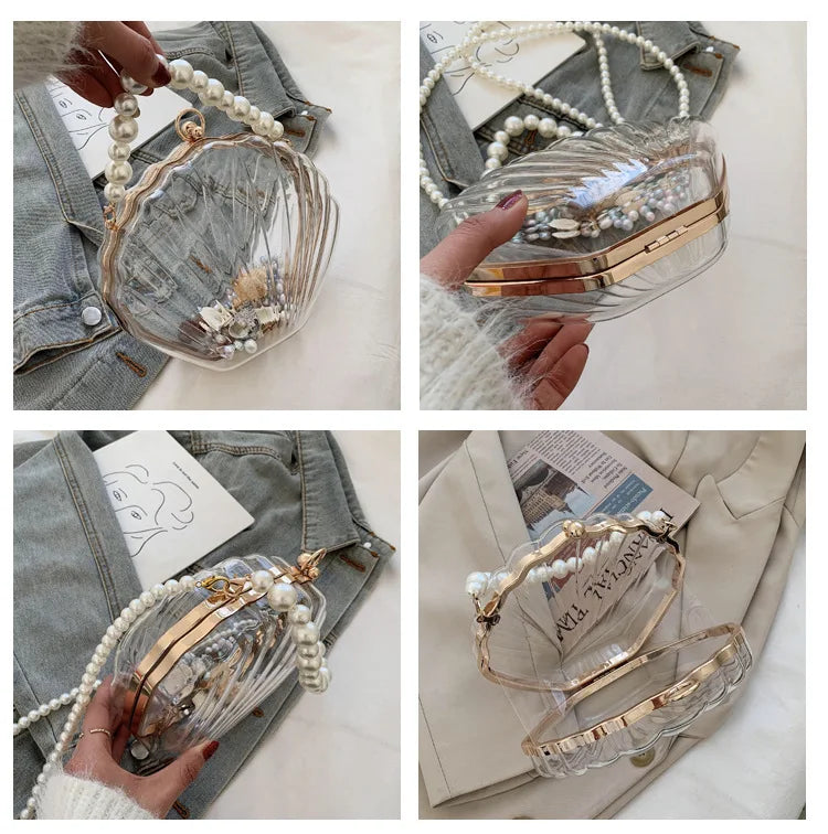 Evening Bags for Women 2023 New Transparent Shell Bag Clutch Box Handbags Pearl Chain Crossbody Bag Acrylic Purse Shoulder Bag