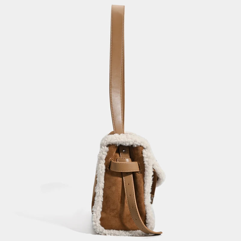 Faux Suede Bags For Women Luxury Designer Handbag Purses 2025 New In Imitation Lamb Wool Trim Lock Belt Buckle Underarm Shoulder