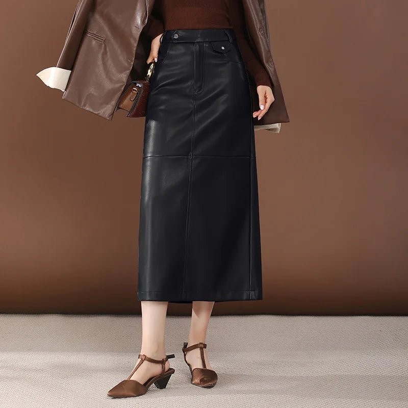PU Leather Skirt Women's Autumn 2025 New High Waist Hip Skirt Medium and Long Straight Split One-step Skirt