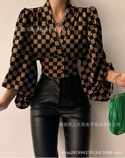 Elegant And Youth Woman Blouses Spring V-neck Lantern Sleeve Slim Fit Women's Shirts Button Long Sleeve Shirts And Blouses 2024