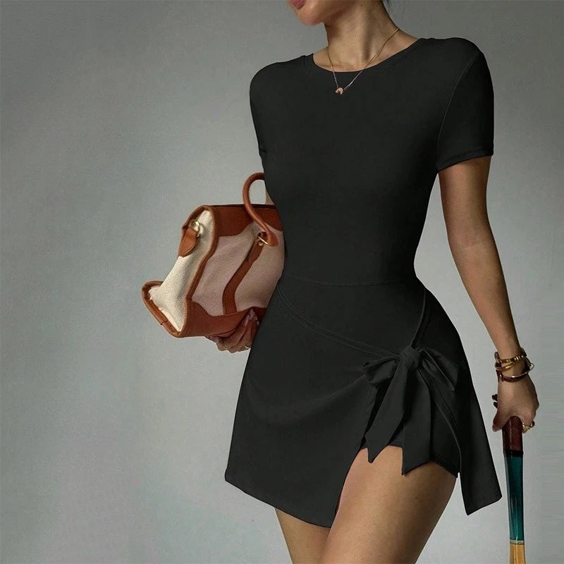 Women Yoga Bodysuit Short Dress Slimming Open Back Two Piece Look Anti See Through Athletic Tennis Skirt for Outdoor Workout