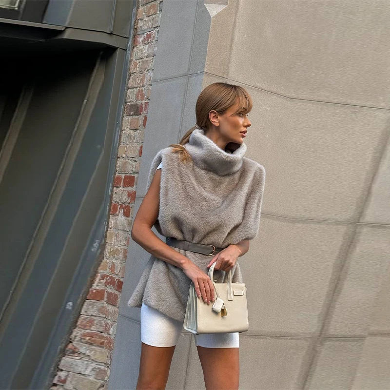 Vintage Brown Women's Faux Fur Vest Solid High Collar Sleeveless Thicken Female Waistcoat 2025 Autumn Winter New Lady Streetwear