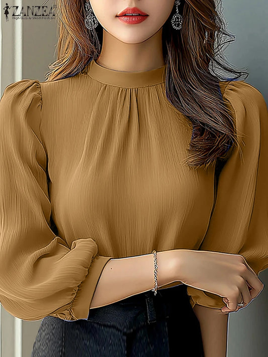 Elegant Women Work OL Blouses 2025 ZANZEA Summer Autumn Shirts Stand Neck 3/4 Sleeve Solid Blusas Female Tunic Chemise Oversize