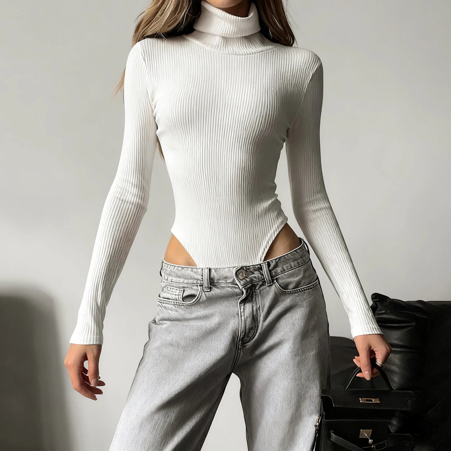 Basic Solid Bodysuits Casual Slim Fit Turtleneck Long Sleeve Ribbed Rompers Women 2025 Autumn Winter Fashion Streetwear Ladies