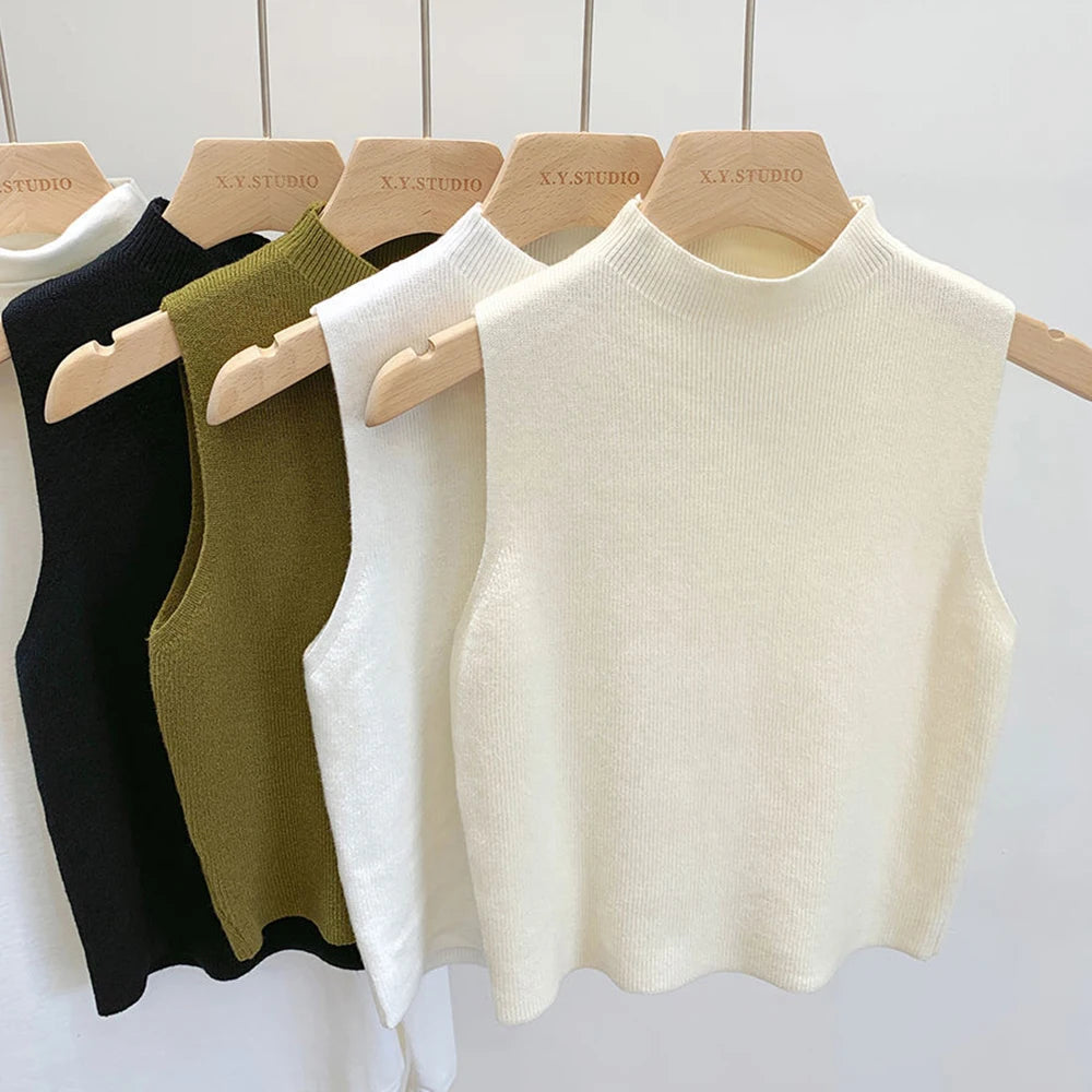 Women's Vest Tank Top Solid Color Knitted Tees Cropped Camisole Sweater Half-turtleneck Spring Autumn Sleeveless топ женский