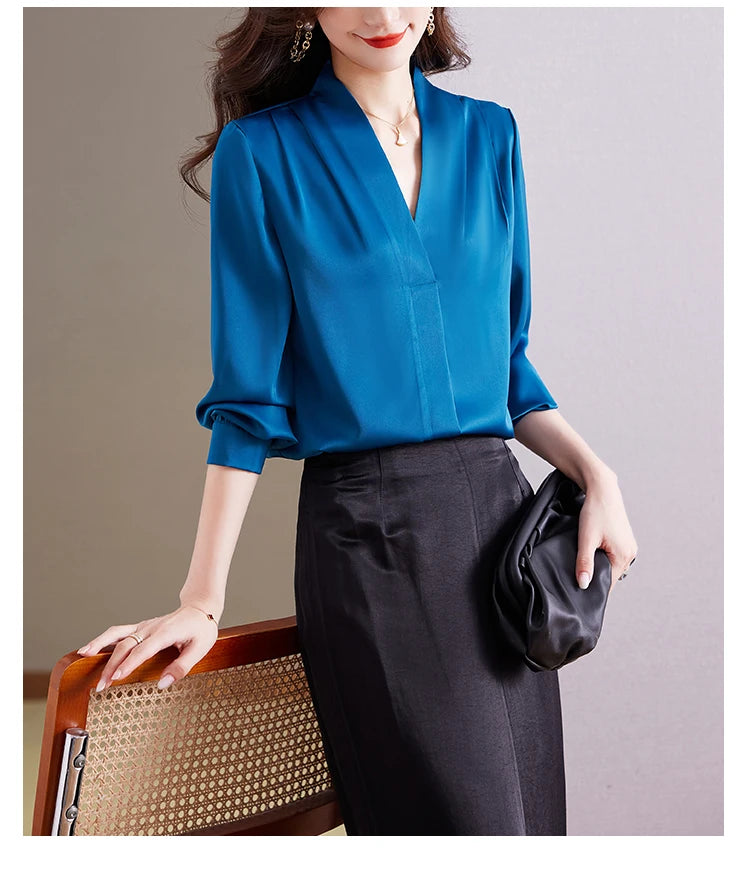 Fashion Woman Blouse 2023 Elegant and Youth Woman Blouses V-neck Silk Women's Autumn Clothing Vintage Shirt Solid OL Womens Tops