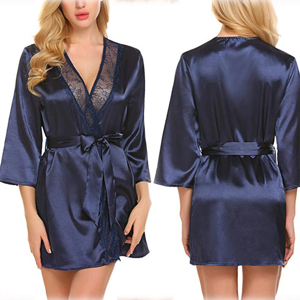 Women Satin Robes Summer Wrap Dressing Gown Bathrobe Nightgown Pajamas V-neck Sexy Oversized Imitation Silk Perspective Robes