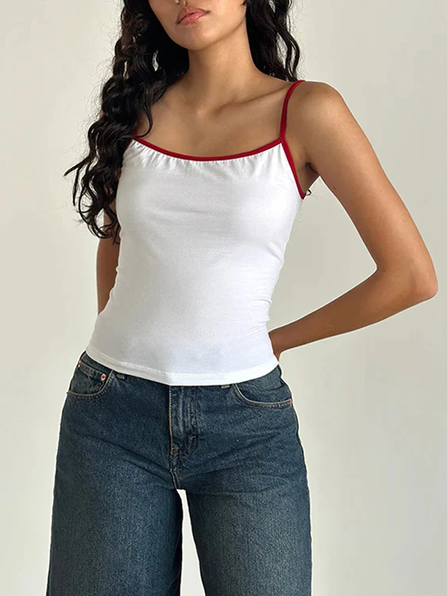 Women Spaghetti Strap Tank Top Scoop Neck Contrast Trim Crop Cami Top Y2K Aesthetic Sleeveless Fitted Basic Tops Streetwear